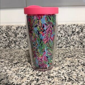 Lilly Pulitzer Colorful Floral Travel Tumbler with Pink Lid